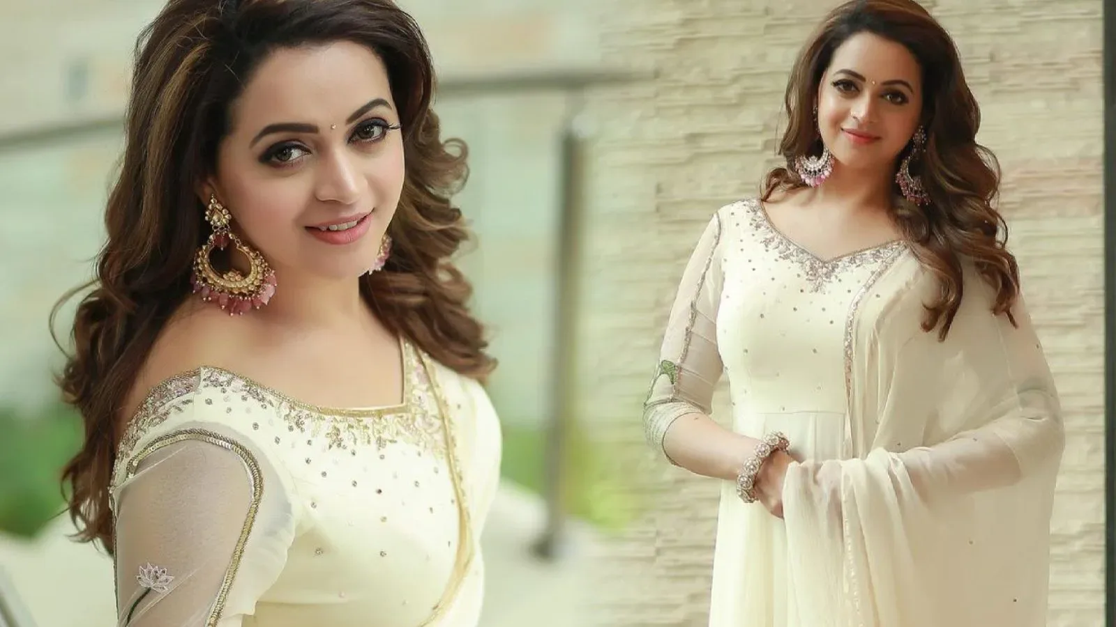Actress Bhavana stuns in White colour Anarkali Salwar Suit