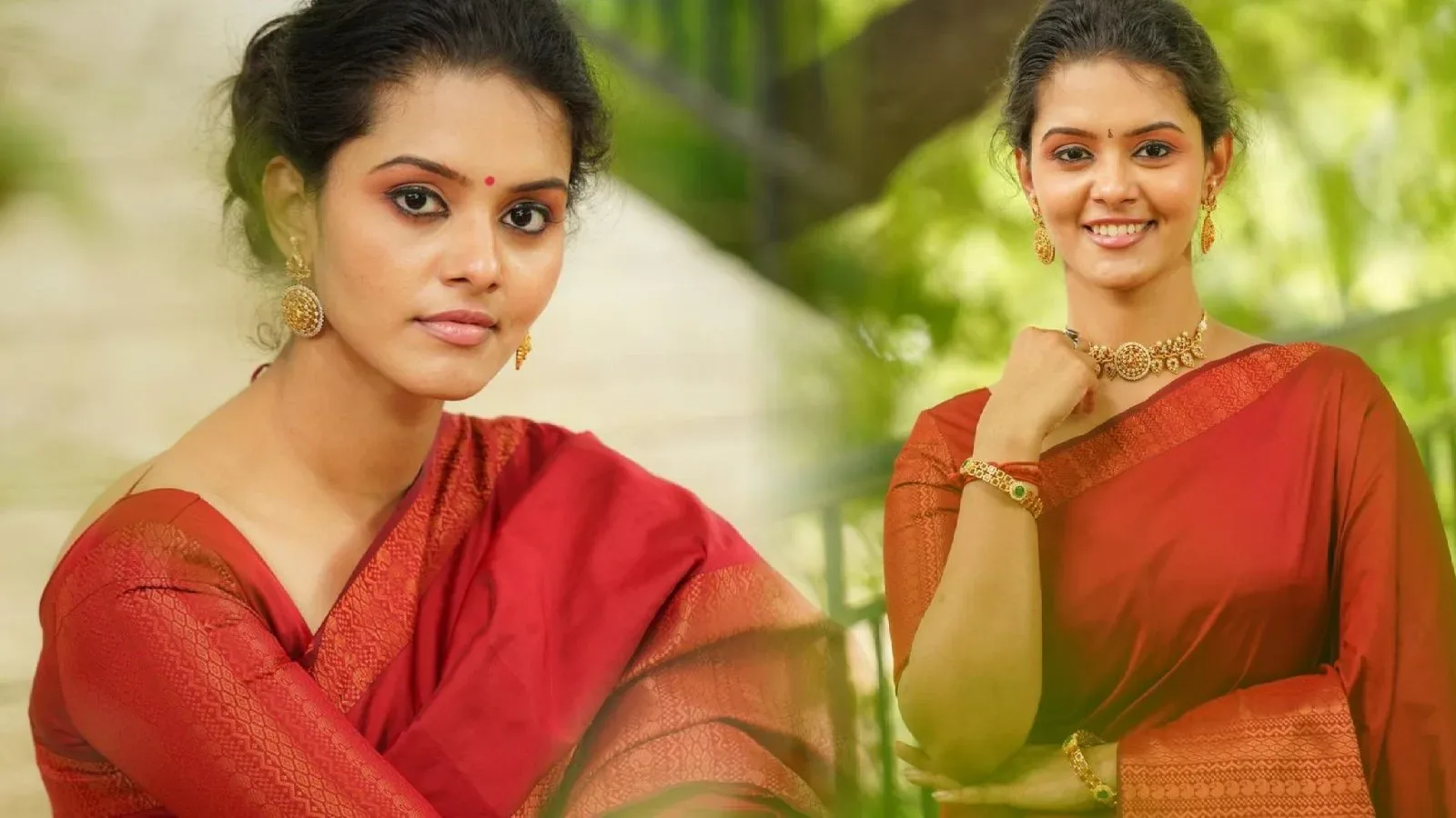 Actress Swathishta Krishnan stills in red silk saree with elegant Jewels