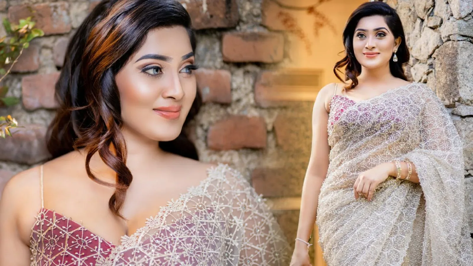 Model Himashi Athapaththu alluring photoshoot in white lace saree