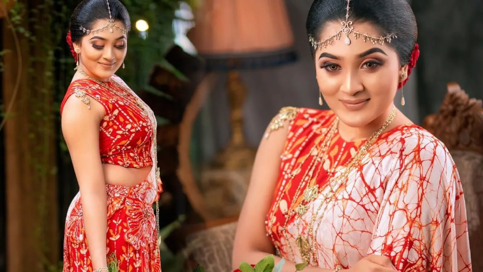 Charmingly looking model Hima Athapaththu in Sinhalese bridal saree