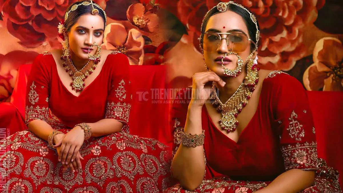 Indian actress Amika Shail looks like an angel in the red rich lehenga