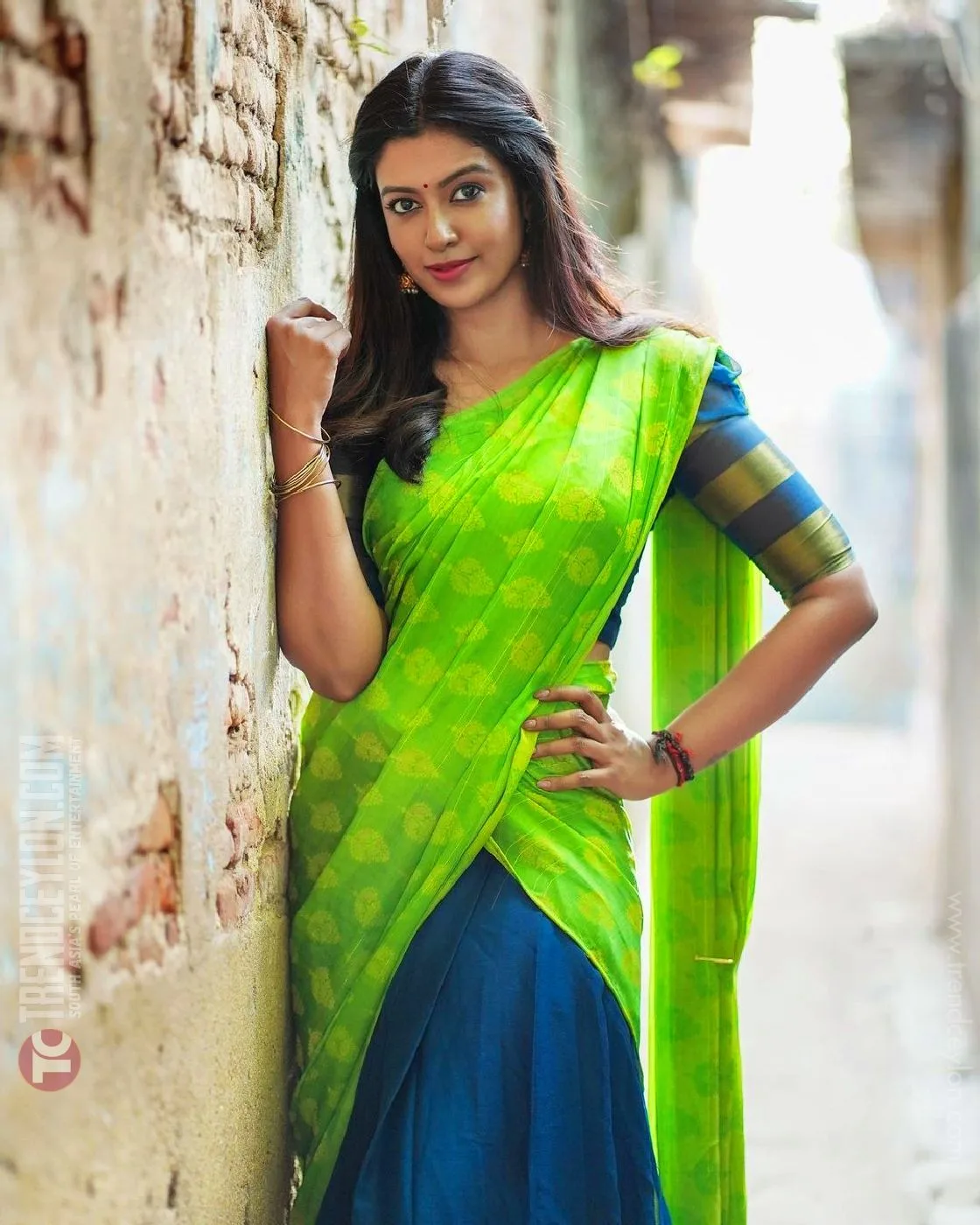 Television actress Roshni Haripriyan glows in green and blue half saree