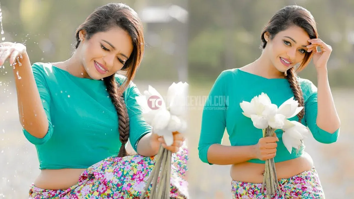 Sri Lankan model Thara Kaluarachchi in green top and floral skirt