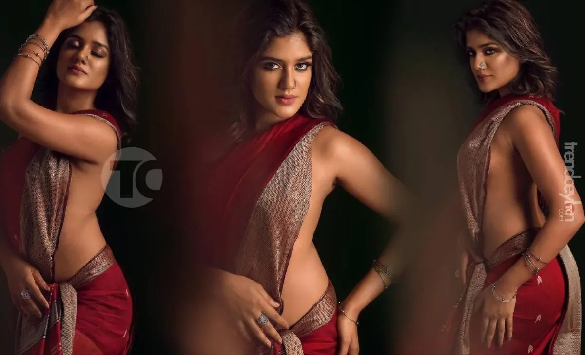 Sameritha in a red saree highlights her deadly curves