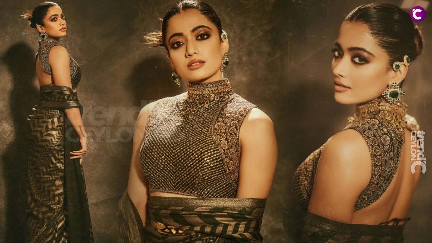 Stunning Rashmika Mandanna Shines in Black and Gold Saree